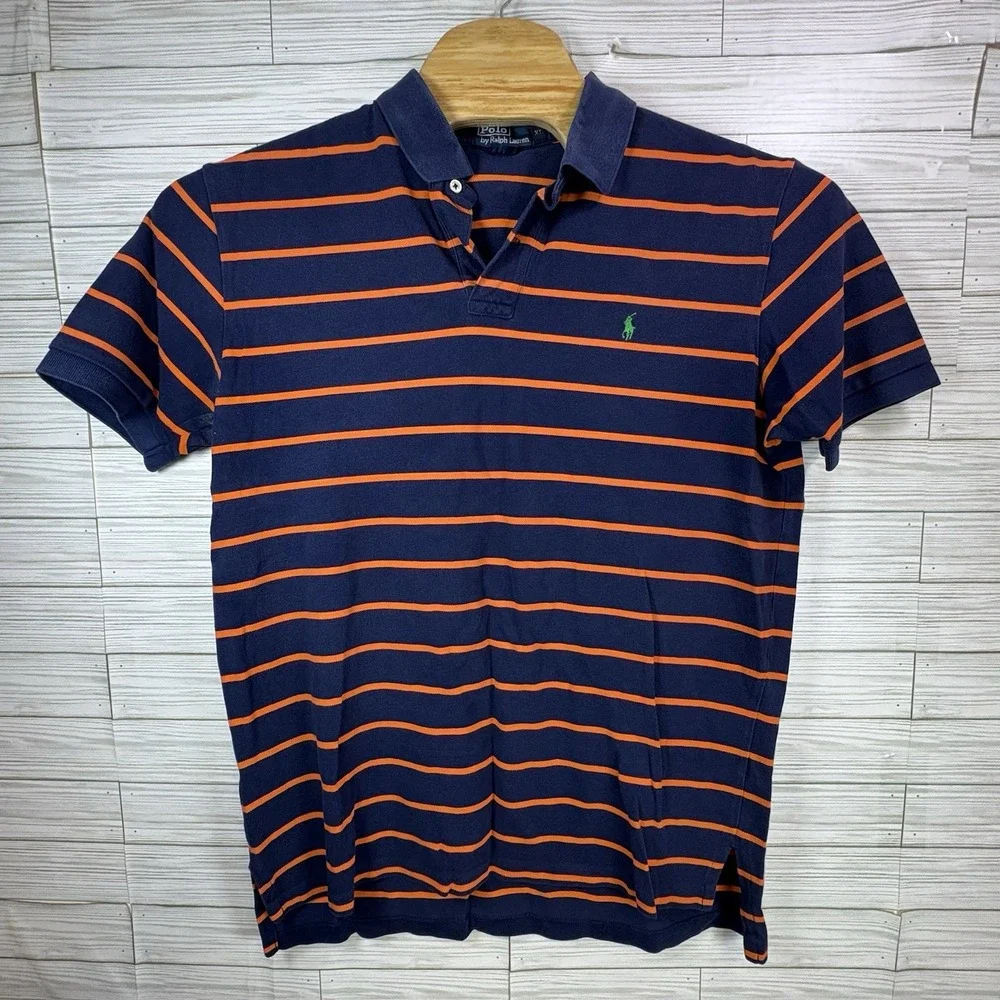 POLO RALPH LAUREN Men's Navy/Orange Stripe Golf Logo Polo Shirt Size XL‎